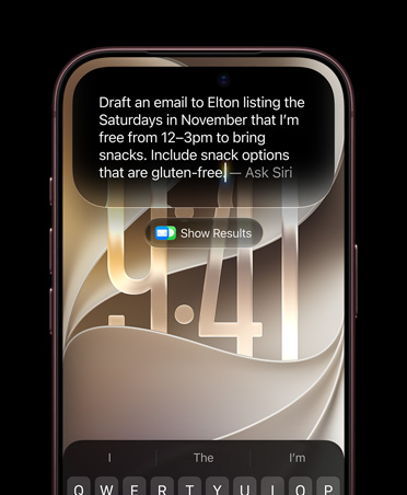 iPhone 18 Pro, Burgundy, screen displaying an Ask Siri prompt reading: Draft an email to Elton listing the Saturdays in November that I'm free from 12–3pm to bring snacks. Include snack options that are gluten-free