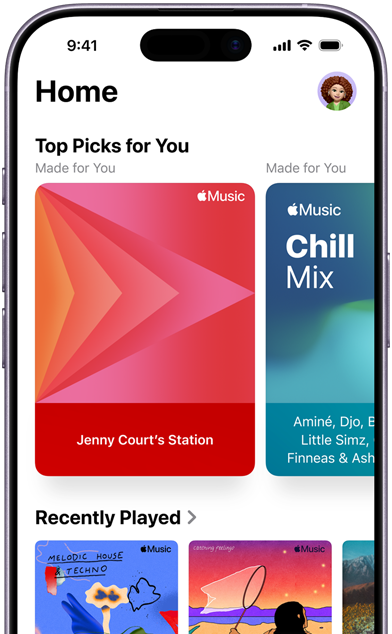 Apple Music Kezdőlap iPhone-on, Legjobb választások neked körgaléria Jenny Court személyre szabott állomásaival és lejátszási listáival