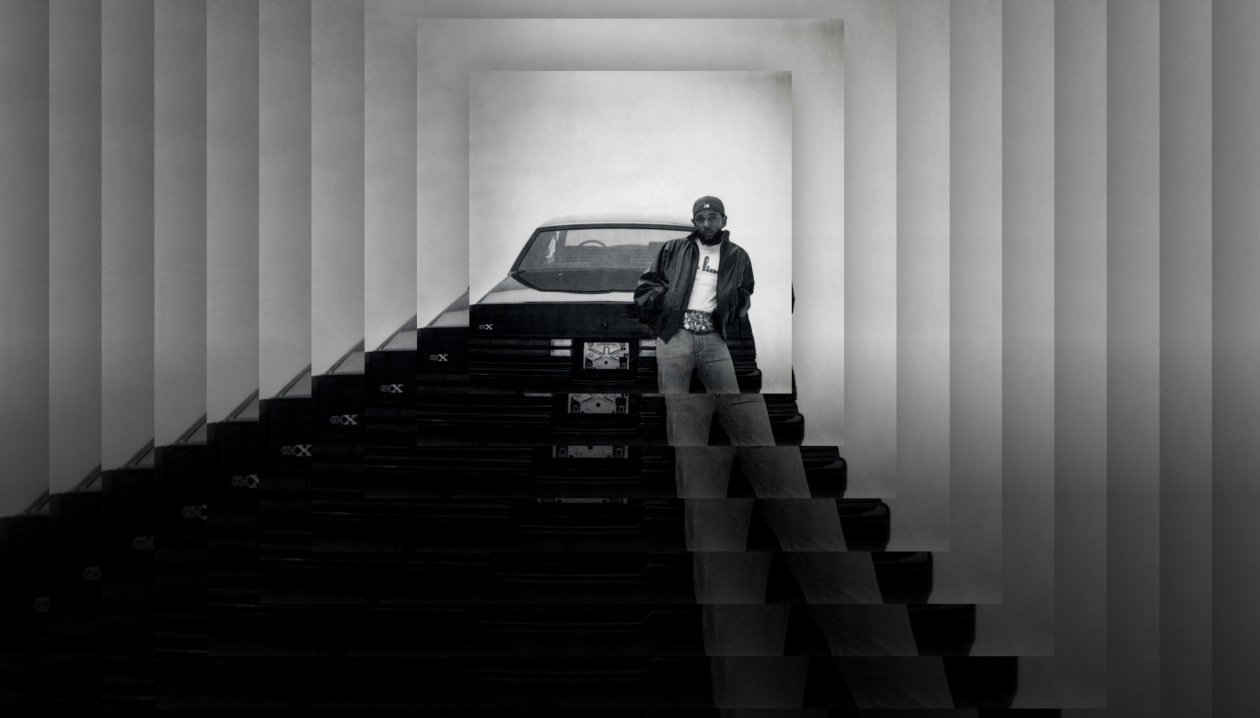 Diseño de la portada del álbum 'GNX' de Kendrick Lamar, que lo muestra a él apoyado sobre un auto, específicamente un Buick GNX modelo 1987. La portada se repite en capas que se solapan una encima de la otra.