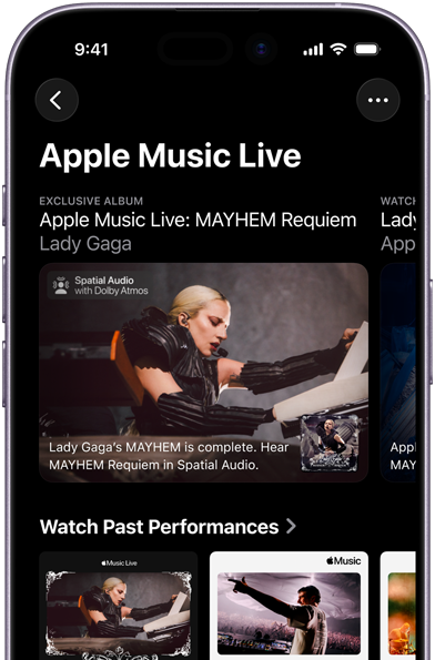 Apple Music Live screen on iPhone showing Watch Now and past performances