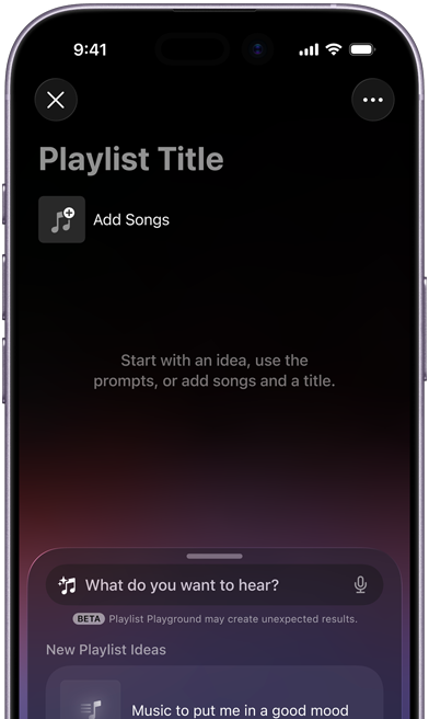 Playlist Playground screen on iPhone, showing a blank playlist that hasn't been created yet
