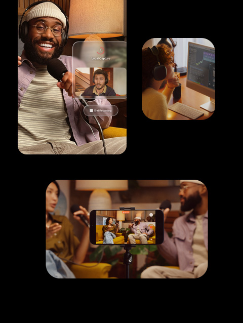 Three scenes of podcasters at work, above left, a smiling podcaster wearing headphones and holding a microphone, a second podcaster appears on a recorded screen, above right, a person wearing headphones editing podcast audio in the Logic Pro app, below, iPhone, front exterior, on a tripod, recording two podcasters seated in orange chairs, facing each other in a warmly lit space.