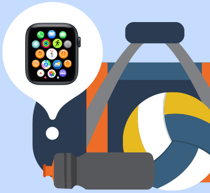 插圖描繪透過尋找 app，從健身袋中找回不小心遺失的 Apple Watch