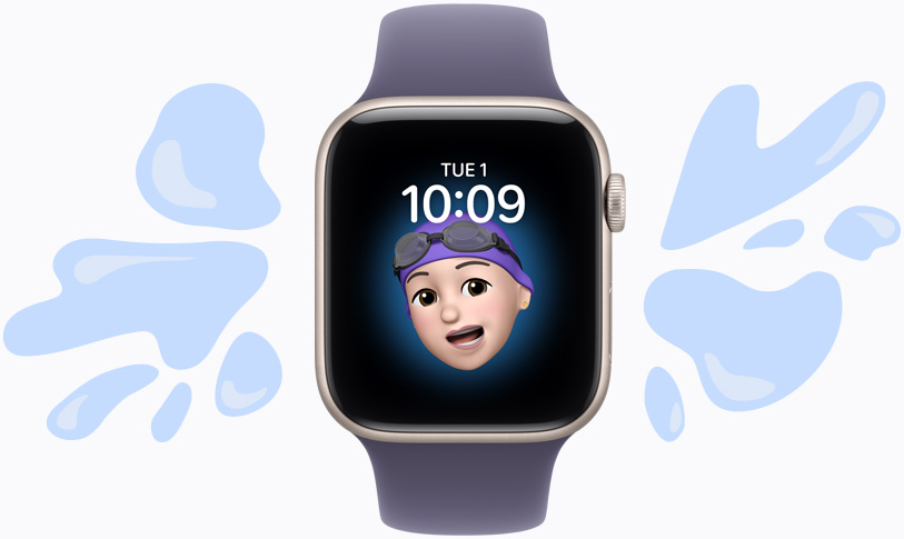 Apple Watch SE 3，星光色鋁金屬錶殼，配搭霧紫色運動錶帶，螢幕展示 Memoji 錶面，插圖描繪防水裝置無懼水花四濺