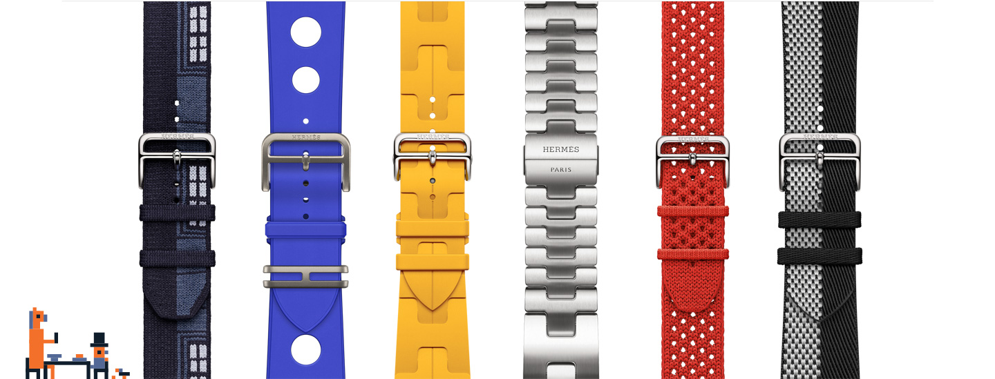 Pixel art of a person and horse siting at a table, available Apple Watch Hermès bands in varying styles and colors