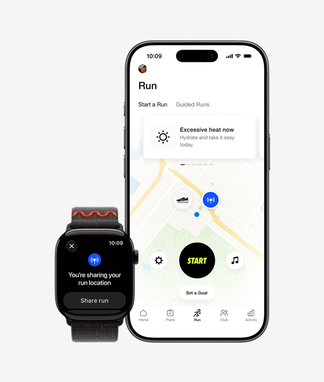 Apple&nbsp;Watch&nbsp;Series&nbsp;11، ومشاركة الموقع على الشاشة، وiPhone&nbsp;17، وتطبيق Nike&nbsp;Run&nbsp;Club يُظهر مسار الركض في الخارج