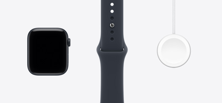 Apple Watch SE 3, caja de aluminio, color medianoche (negro), parte frontal, pantalla con diseño de borde a borde, Digital Crown, correa deportiva, color negro, cable de carga magnética rápida con conector USB-C para el Apple Watch