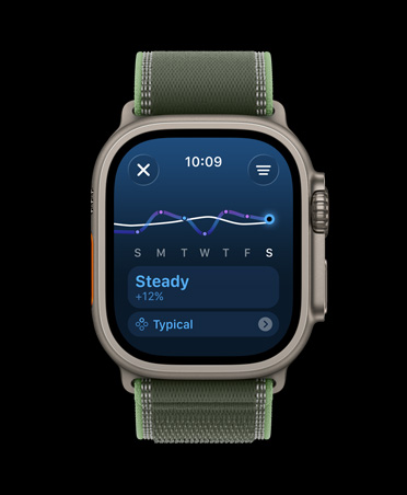 Apple Watch Ultra 3 med urkasse i farven naturligt titanium, træningsbelastning med linjediagram og kalender og Trail Loop i grøn/neon