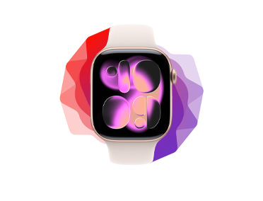 Apple Watch, front exterior, Apple Watch silhouette fans out from behind into spectrum of purple and red colors