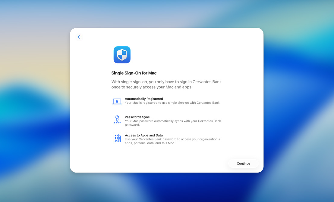 Diálogo de configuración del inicio de sesión único con opciones para el registro automático, la sincronización de contraseñas y el acceso a apps y datos