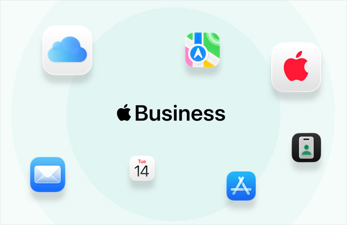 Apple Business omgivet af appikoner for iCloud, Kort, AppleCare, Mail, Kalender, App Store og Apple Business-appen