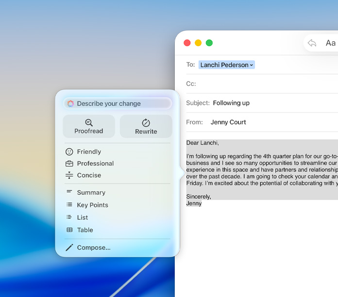 Mail app with an Apple Intelligence Writing Tools panel showing options to proofread, rewrite, and adjust tone