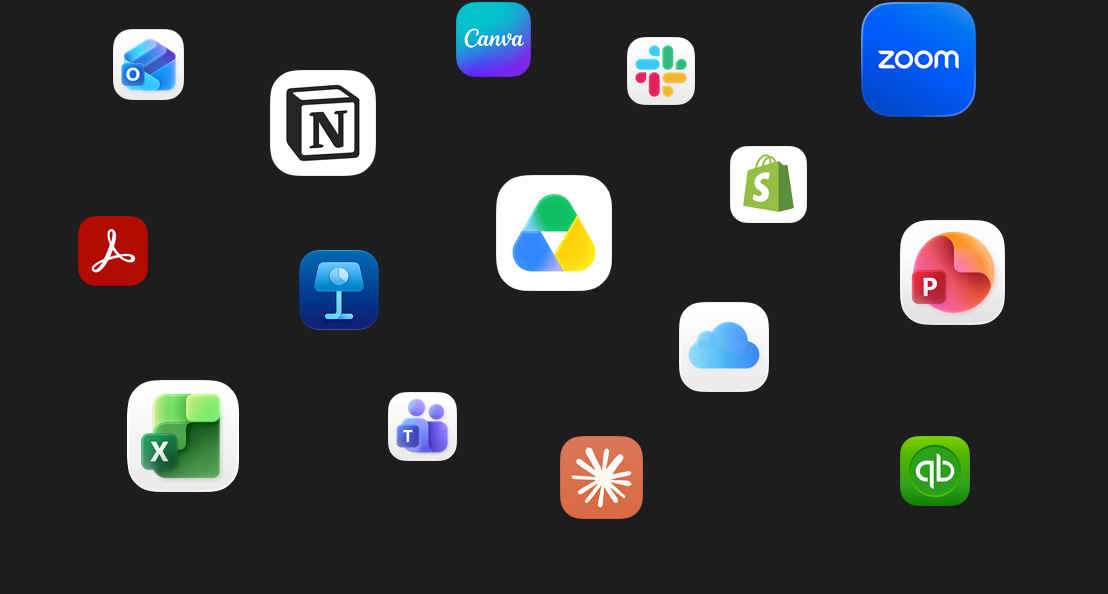 App icons scattered across a dark background: Microsoft Teams, Microsoft Excel, Canva, Shopify, Microsoft Powerpoint, Claude, Zoom, Notion, Keynote, Slack, Salesforce, Quickbooks, Google Drive, Acrobat Reader, Microsoft Outlook
