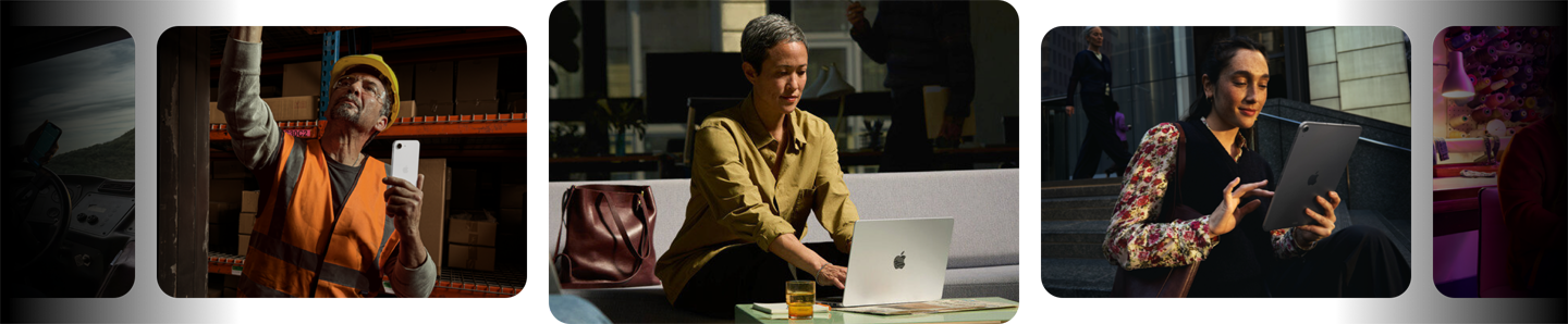 People in various work environments using Apple products, including  iPhone, MacBook, and iPad