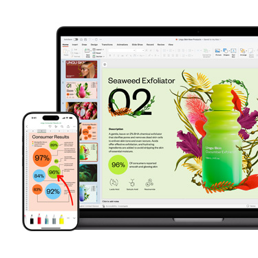 Vooraanzicht van een Mac en een iPhone met verschillende delen van dezelfde levendige en kleurrijke presentatie voor een huidverzorgingsproduct.