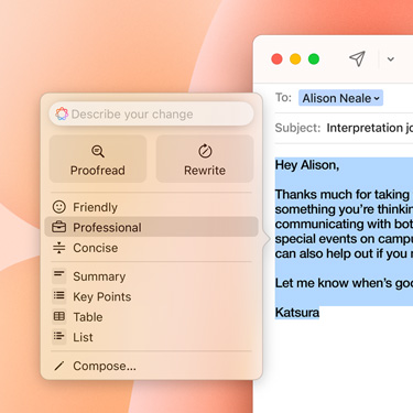 Een zakelijke e-mail met een Apple Intelligence-prompt.