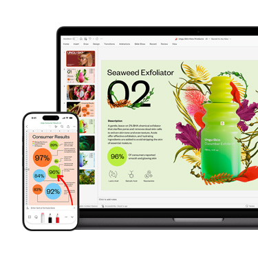 Imagem da parte da frente de um Mac e um iPhone exibindo diferentes seções da mesma apresentação vibrante e colorida, focada em um produto para a pele