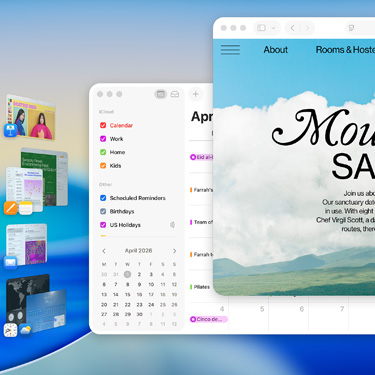 Uno schermo con varie finestre e app, tra cui Keynote, Pages, Mail e il sito web di un centro di meditazione.