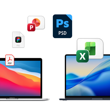 Due MacBook affiancati mostrati di fronte con sfondi colorati diversi. Sopra c’è un arco formato da icone di file Acrobat, Quickbooks, PowerPoint, Photoshop ed Excel.