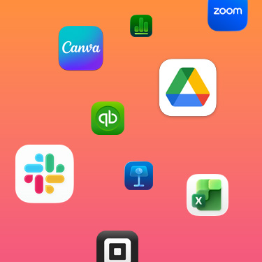 Icone di app per la produttività tra cui Slack, Canva, Google Workspace, Zoom, Quickbooks, Keynote, Excel, Square e Numbers su uno sfondo colorato.