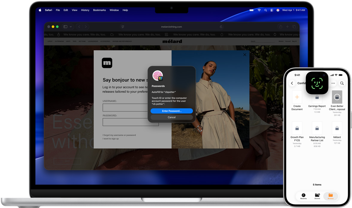 Un MacBook con la finestra del Touch ID e lo sfondo di macOS Tahoe. Davanti al MacBook c’è un iPhone con la schermata del Face ID.