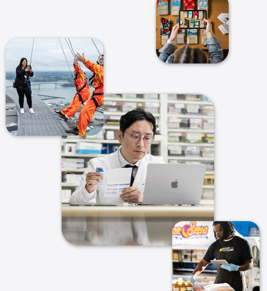 Piccole imprese di vario tipo, tra cui un farmacista con camice da laboratorio che interagisce con un MacBook, un’istruttrice di bungee jumping che usa iPhone per fotografare due persone che stanno per saltare, un uomo che tiene in mano un iPad mentre interagisce con dei prodotti alimentari.
