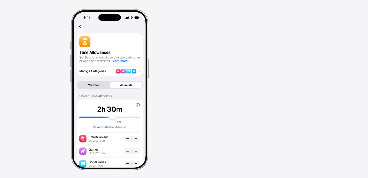 iPhone displaying Time Allowance interface, including a shared time allowance of two hours and 30 minutes, and suggested allowances for app categories like entertainment, games, and social media.