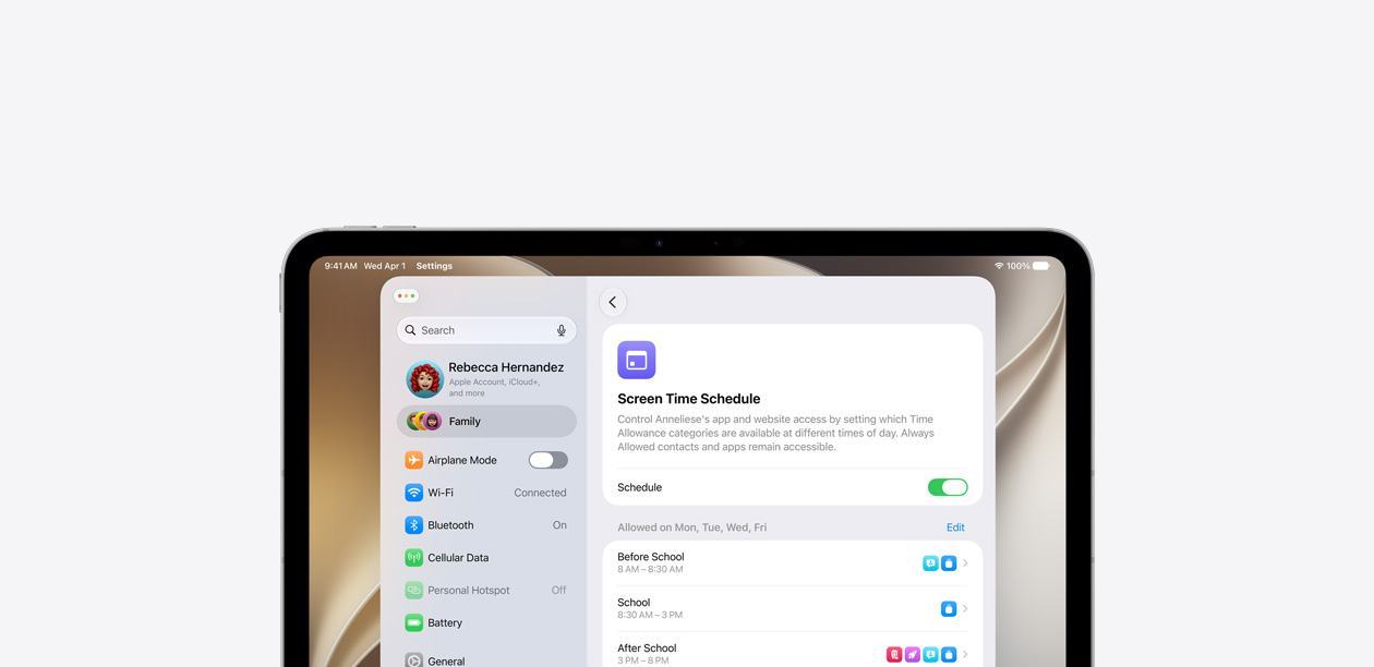 iPad displaying the Screen Time Schedule feature with a horizontal timeline showing which categories of apps and websites are allowed before school, during school, and after school.