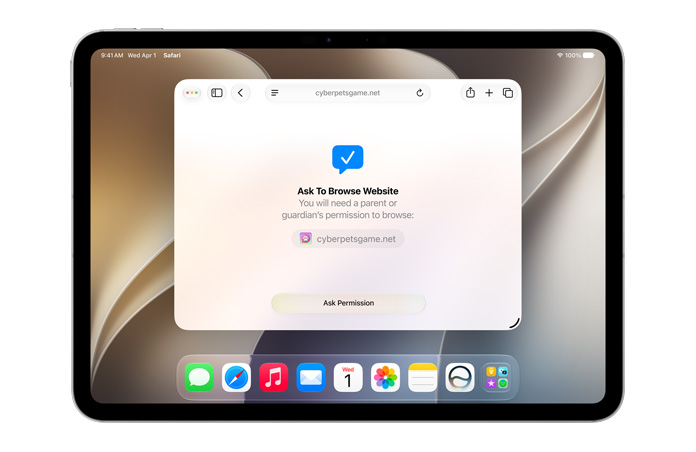 iPad displaying Ask to Browse interface, notifying the user that they need permission to browse with “Ask permission” button below.