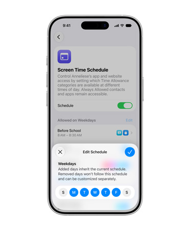 iPhone displaying scheduling interface, prompting user to edit daily allowance for a Child Account.