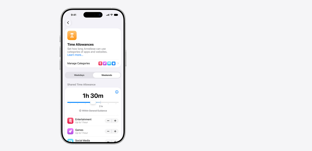 iPhone displaying Time Allowance interface, including a shared time allowance of one hour and 30 minutes, and suggested allowances for app categories like entertainment, games, and social media.