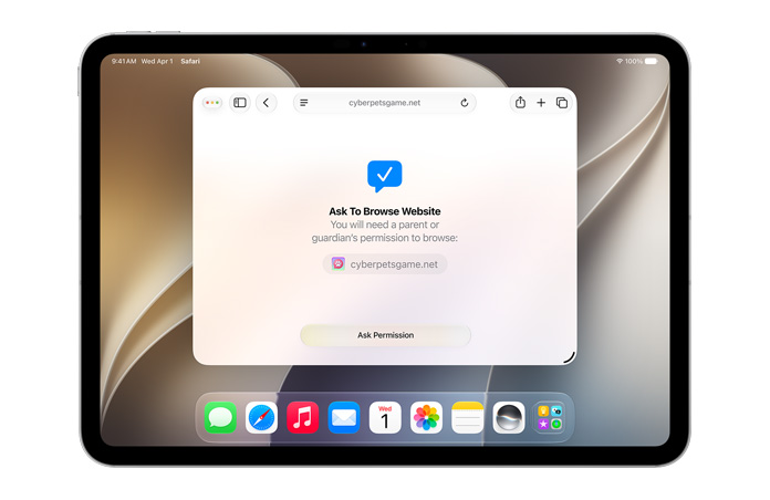 iPad displaying Ask to Browse interface, notifying the user that they need permission to browse with “Ask permission” button below.