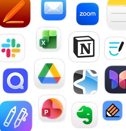 Valikoima tuottavuusappien kuvakkeita, mukana Google Drive, Evernote, Slack ja Quizlet