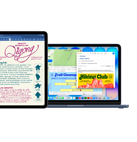 iPad screen shows Goodnotes, Mac screen shows several apps being used at once