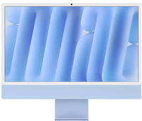 iMac edestä, sininen, kamera keskellä ylhäällä, näytöllä sininen abstrakti taustakuva.