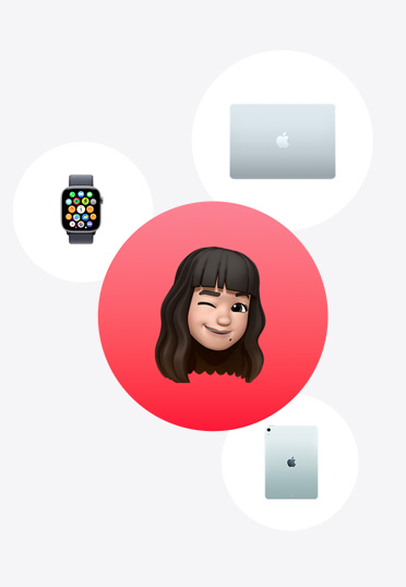 Apple Watch, MacBook ja iPad ympäröivät punaisessa ympyrässä olevaa Memojia.
