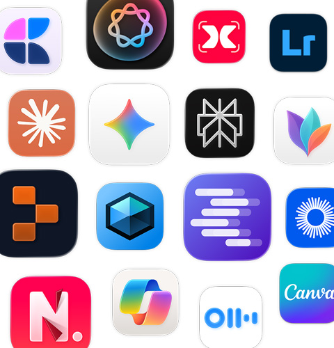 Varios íconos de apps de IA, como MindNode, Adobe Lightroom, Claude y Google Gemini