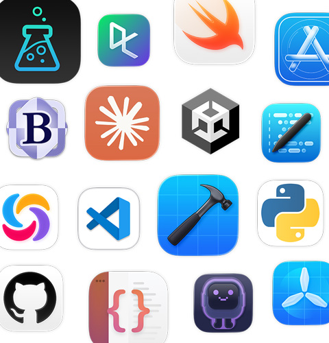 Varios íconos de apps de programación, como Unity Editor, DataCamp, Swift Playground y Apple Developer