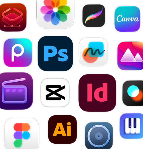 Varios íconos de apps de creatividad, como Adobe Illustrator, Canva, CapCut y Figma