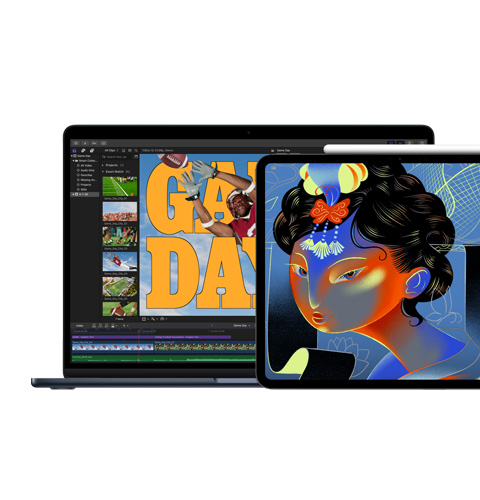 Pantalla de un Mac que muestra Final Cut Pro, pantalla de un iPad que muestra Procreate Dreams