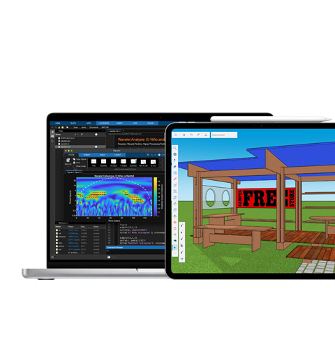 Pantalla de un Mac que muestra MATLAB, pantalla de un iPad que muestra Shapr3D