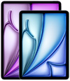 Dos iPad Air de diferentes tamaños, vista frontal, uno más pequeño delante de otro más grande, con llamativos patrones de degradados en morado y azul.