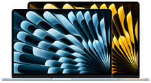 Notebooks MacBook Air, uno más pequeño delante de otro más grande, abiertos, fondos de pantalla brillantes con un diseño abstracto en azul y amarillo.