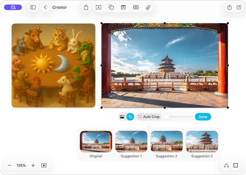 La pantalla muestra la app Freeform con dos funcionalidades de Apple Creator Studio: Generación de Imágenes y Recorte Automático.