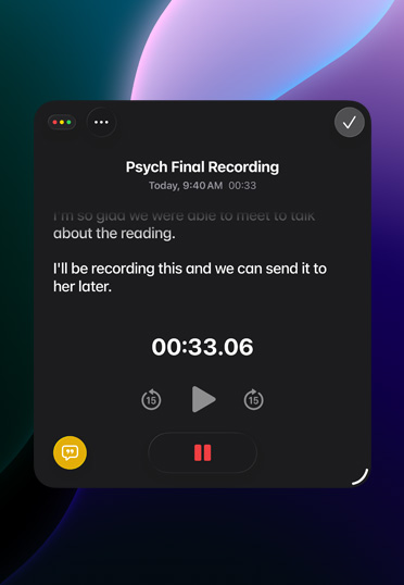 Pantalla que muestra la app Notas grabando audio.