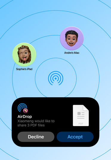 Interfaz de AirDrop que muestra una solicitud para compartir tres archivos PDF, con opciones para rechazar o aceptar.