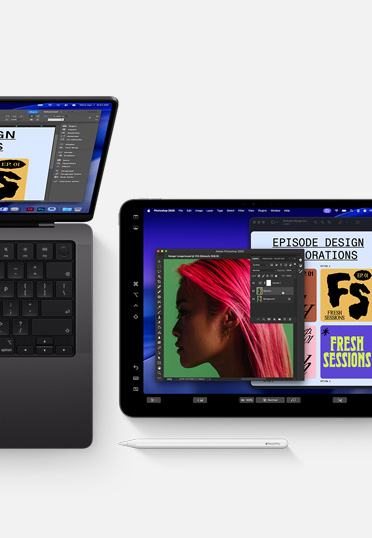 Un MacBook y un iPad con el Apple Pencil, ambas pantallas muestran el mismo software de diseño gráfico para ilustrar la continuidad entre dispositivos.