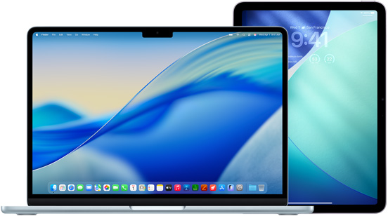 MacBook a la izquierda, iPad a la derecha, las pantallas muestran un fondo azul y verde similar.
