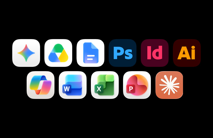 Row of icons including Google Gemini, Google Drive, Google Docs, Adobe Photoshop, Adobe InDesign, Adobe Illustrator, Microsoft Copilot, Microsoft Word, Microsoft Excel, Microsoft Powerpoint, Claude