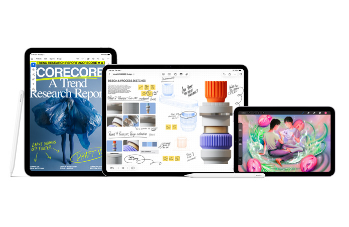 Family of iPad devices including iPad Pro, iPad Air, and iPad, Apple Pencil Pro rests on iPad Pro, with Apple Pencil laid flat in front of others